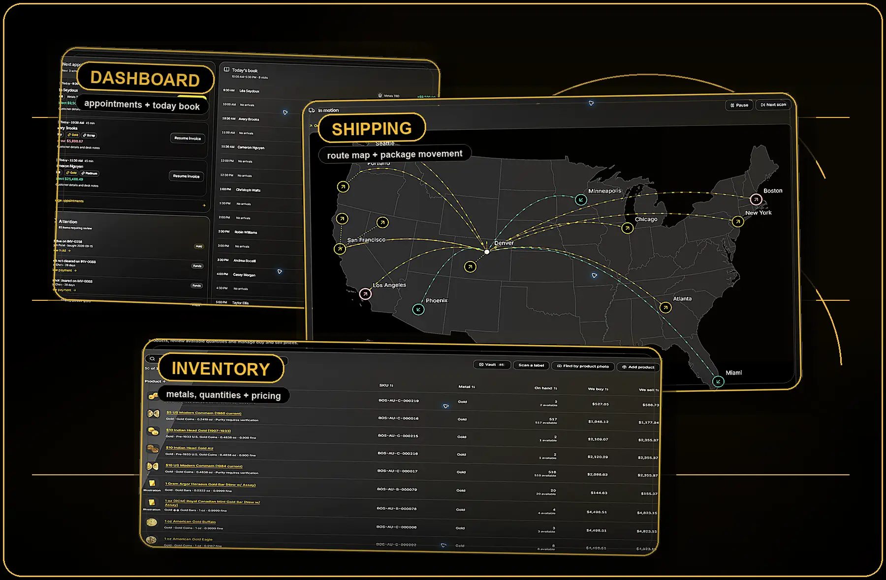 A collage of bullionOS screens: the dashboard with appointments and today’s book, shipping with a route map and package movement, and inventory with metals, quantities and pricing.