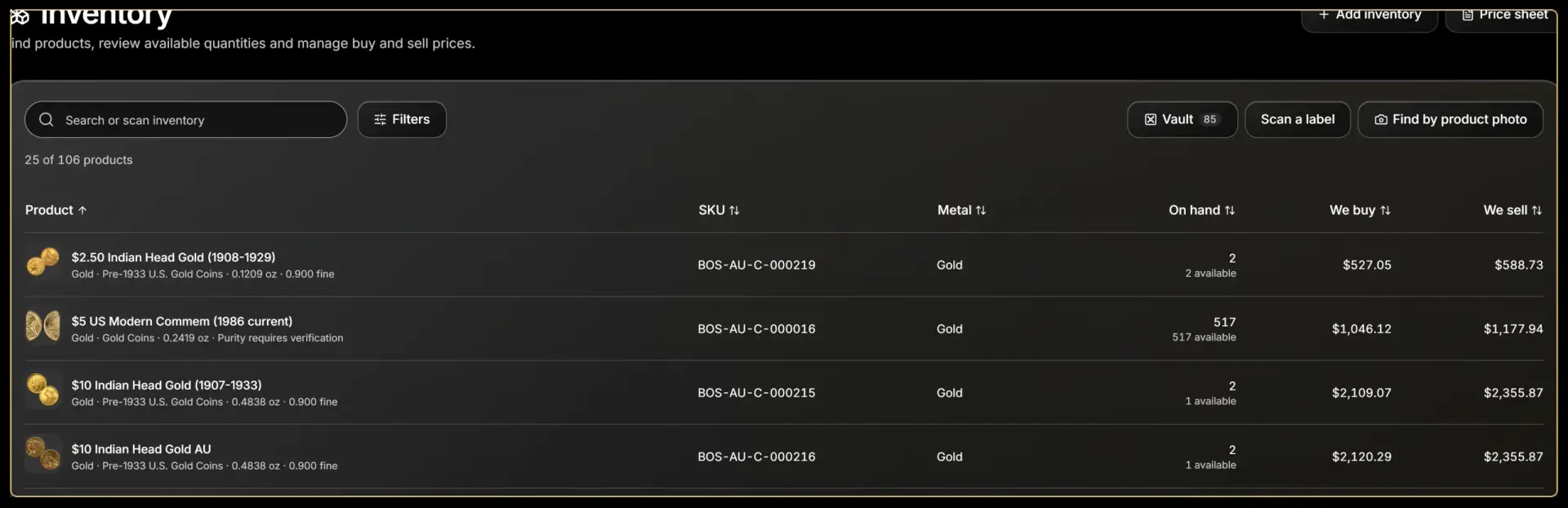 bullionOS inventory screen